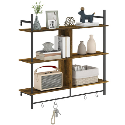 HOMCOM Wall Shelf Unit with 4 Hooks for Living Room Grey Wood Effect