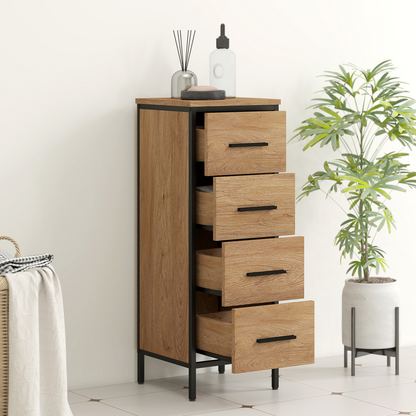 HOMCOM Narrow Bathroom Storage Cabinet with 4 Drawers for Small Spaces, Oak