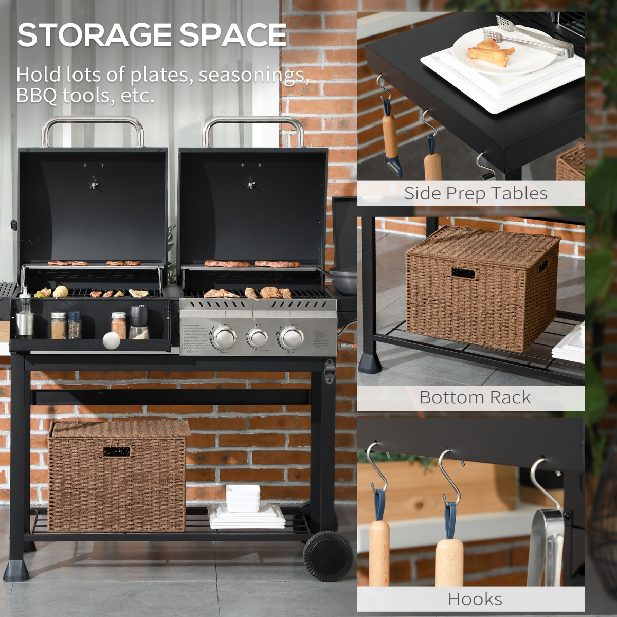 Outsunny Dual Fuel BBQ Grill with Wheels, Warming Rack, Black