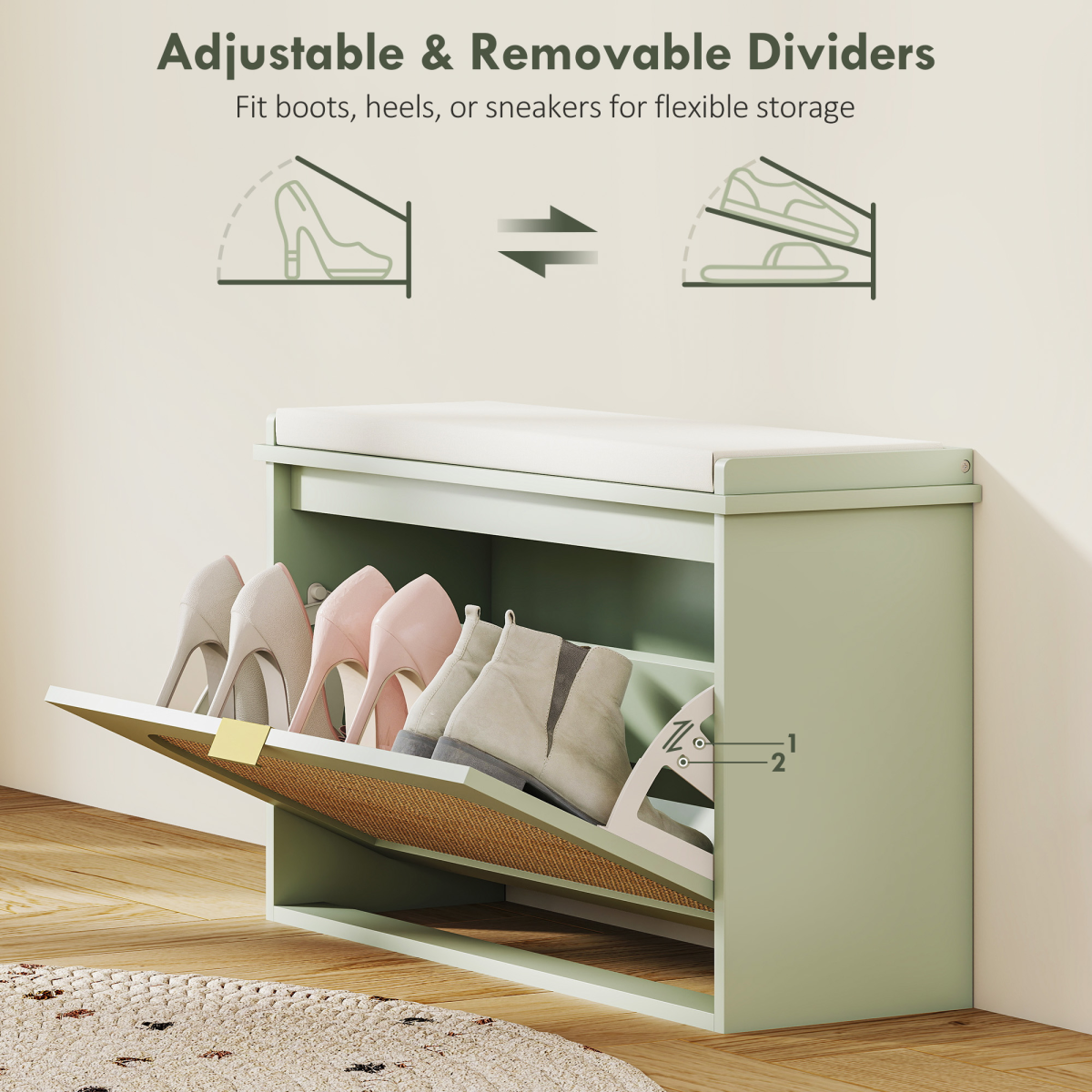 HOMCOM Boho Shoe Bench with Padded Seat and 1 or 2 Flip-Drawer, Light Green