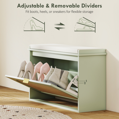 HOMCOM Boho Shoe Bench with Padded Seat and 1 or 2 Flip-Drawer, Light Green