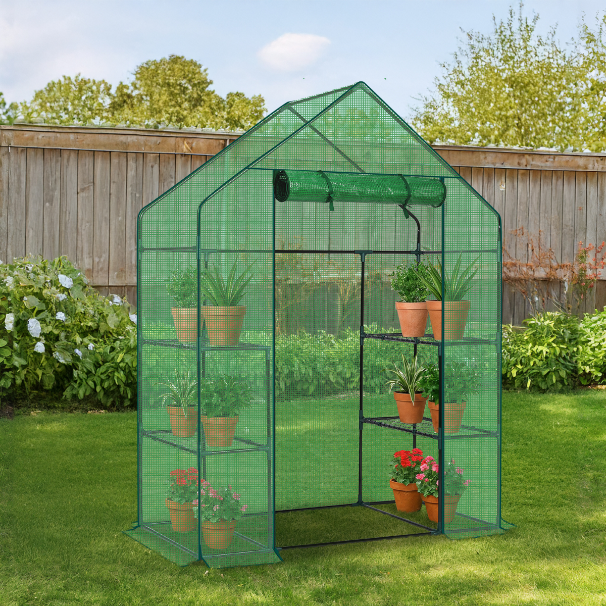 Mini Walk-in Greenhouse with PE Cover, 4-Shelf Indoor Outdoor Plant Gardening Green House for Garden Backyard, 56" x 29" x 77", Green