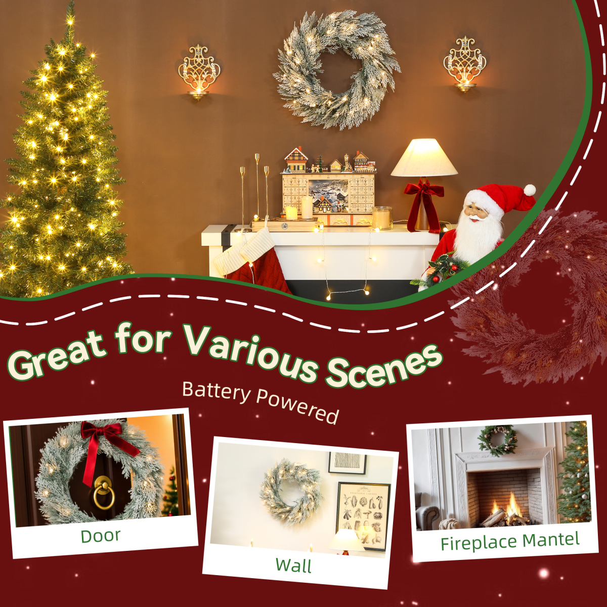 HOMCOM 60 cm Prelit Christmas Wreath, Flocked Front Door Wreath with Timer