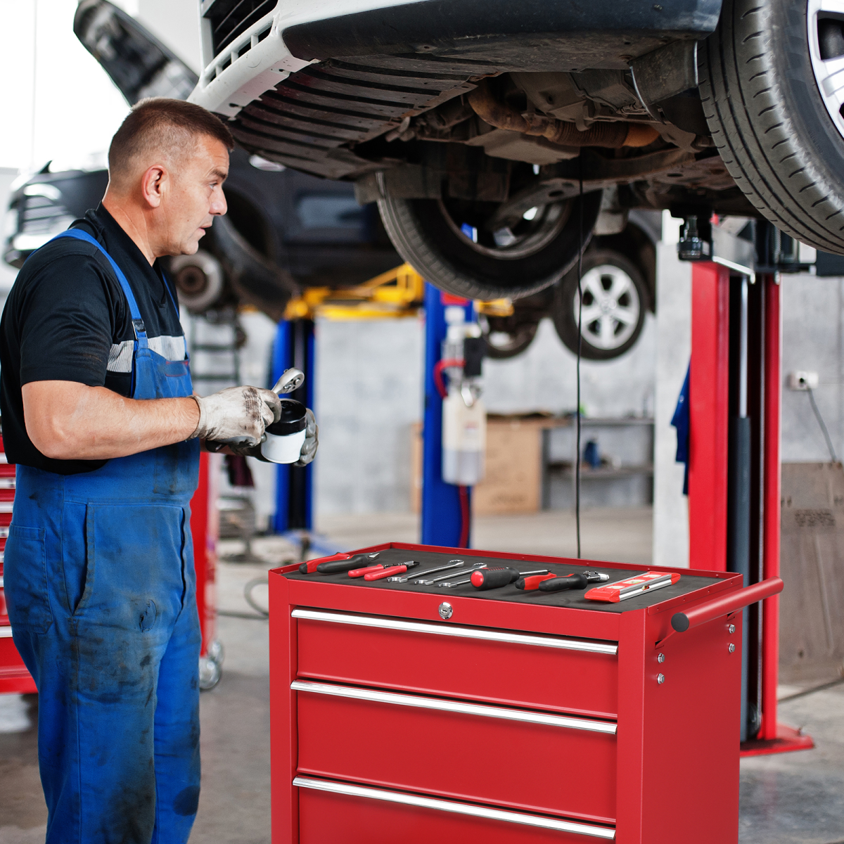 Steel maintenance tool cart single base cabinet 4 drawers 330lb red