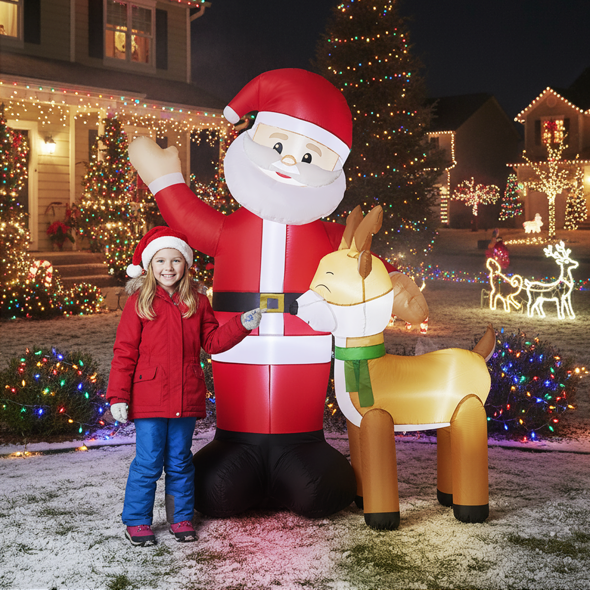 1.9M Lighted Christmas Inflatable Decoration, Inflatable Santa and Reindeer, Funny Blow Up Yard Decorations with Built-in LED Lights for Holiday Party Front Yard Lawn Garden Decor