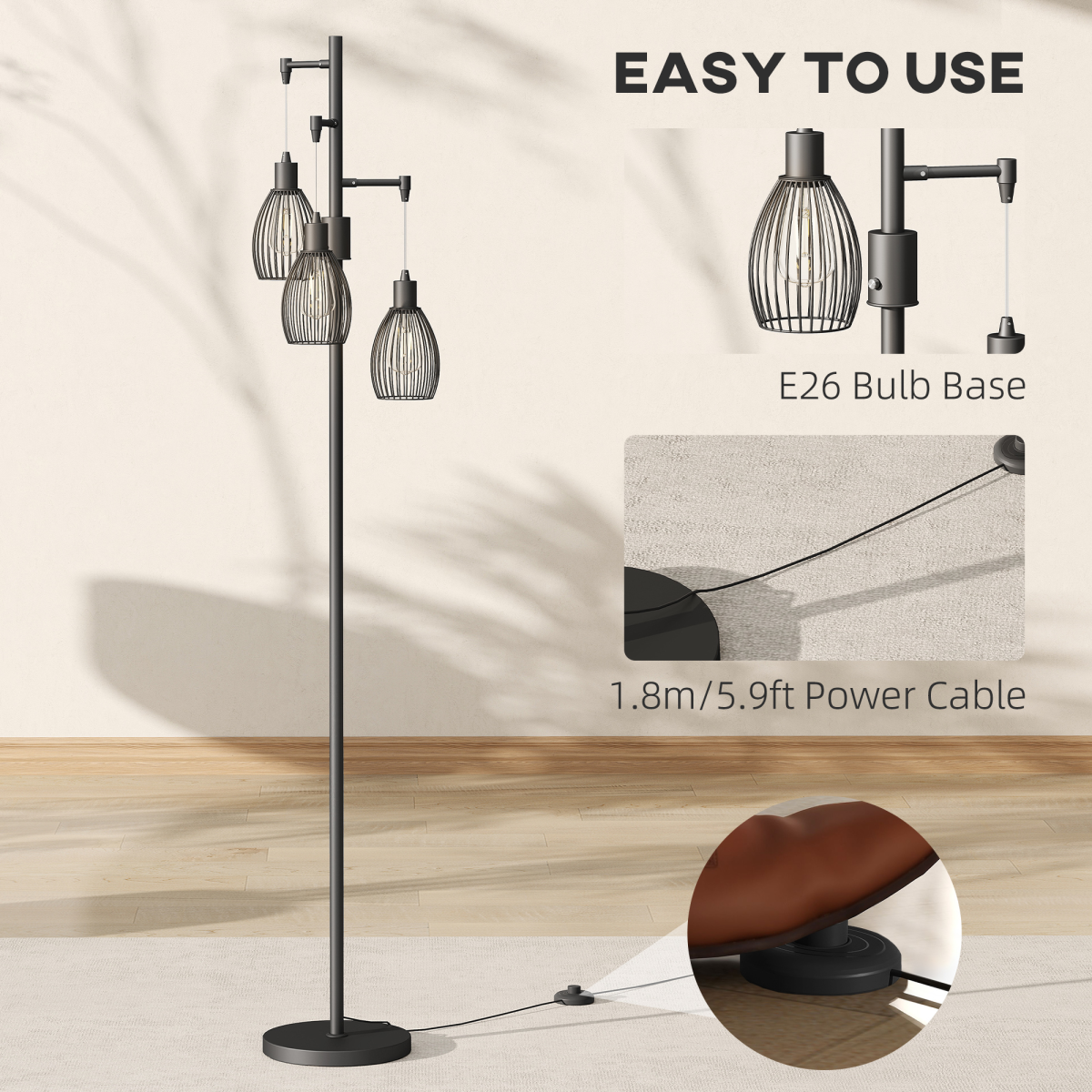 HOMCOM Industrial 3-Light Floor Lamp Dimmable LED Standing Lamp, Black