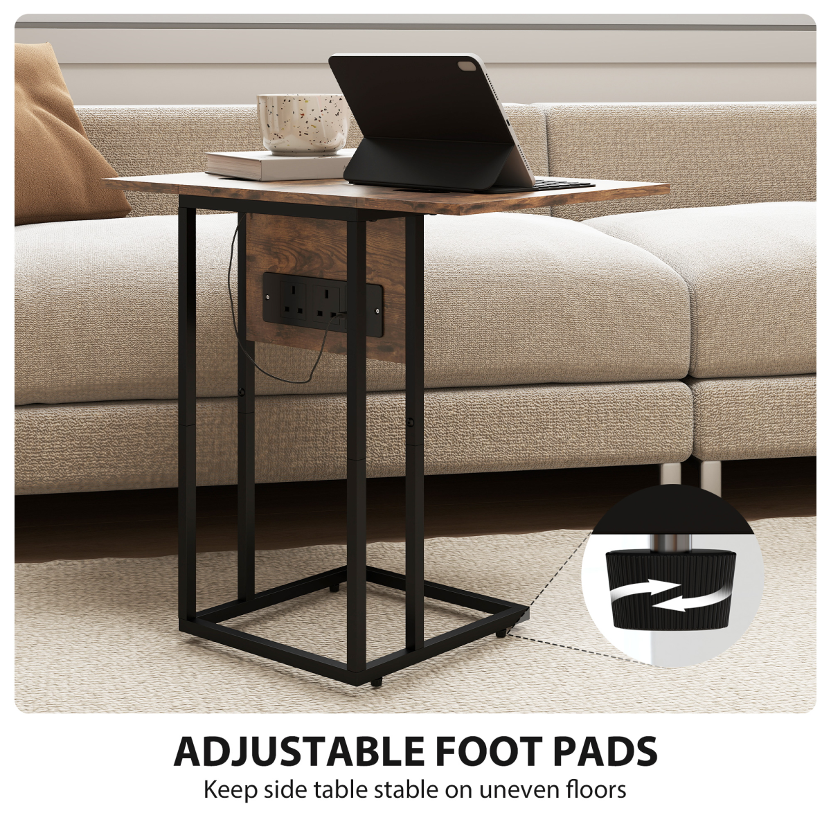 HOMCOM C Shaped Side Table with Charging Station and Foldable Top