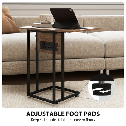 HOMCOM C Shaped Side Table with Charging Station and Foldable Top