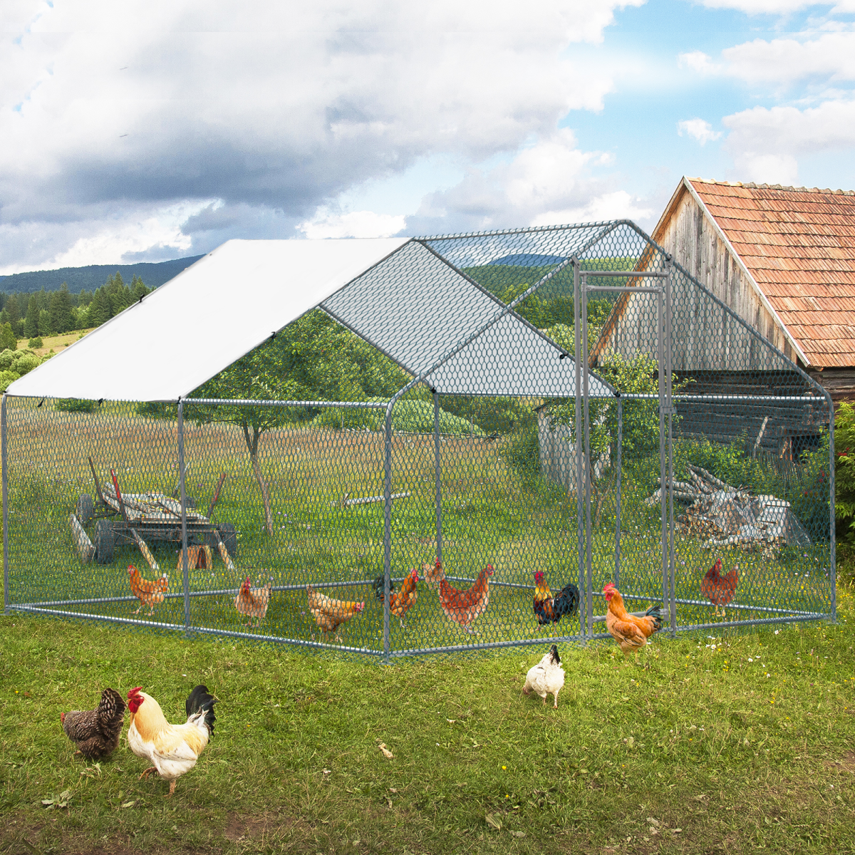 10 x 10 ft Large Metal Chicken Coop, Walk-in Poultry Cage Chicken Hen Run House with Waterproof Cover, Rabbits Cats Dogs Farm Pen for Outdoor Backyard Farm Garden