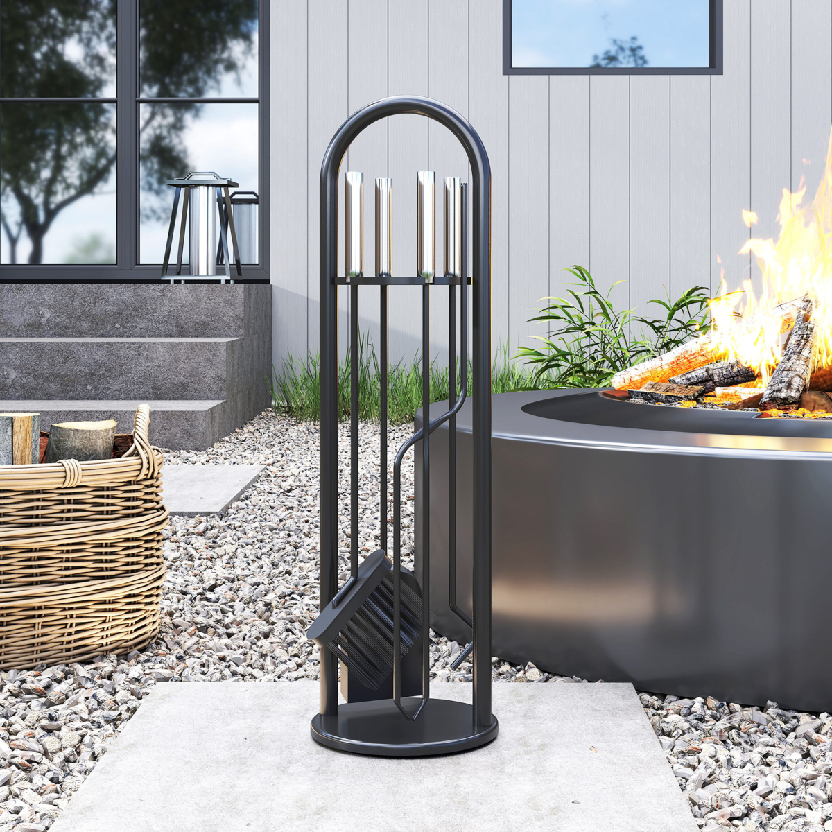 Outsunny 5 PCS Fireplace Companion Set, Metal Fireside Companion Set, Silver