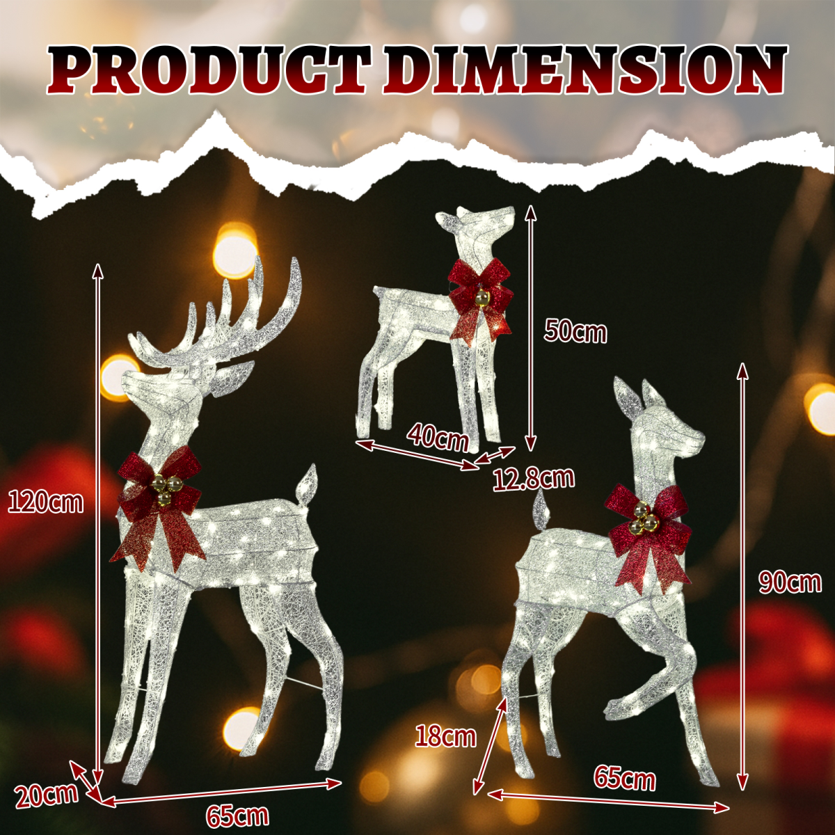 3-Piece Lighted Christmas Reindeer Family Set Outdoor Decorations, Weather Proof Sparkling Deer Family Set of 3 Christmas Ornament Home Decor Pre-lit 210 LED Warm White Lights, 4FT, Silver