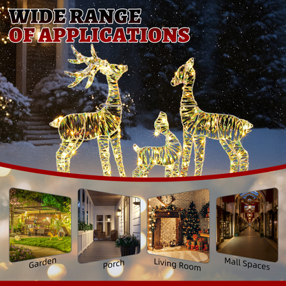 3-Piece Lighted Iridescent Christmas Reindeer Family Set Outdoor Decorations, Weather Proof Deer Family Set of 3 Christmas Ornament Home Decor Pre-lit 110 LED Warm White Lights, 2.4FT