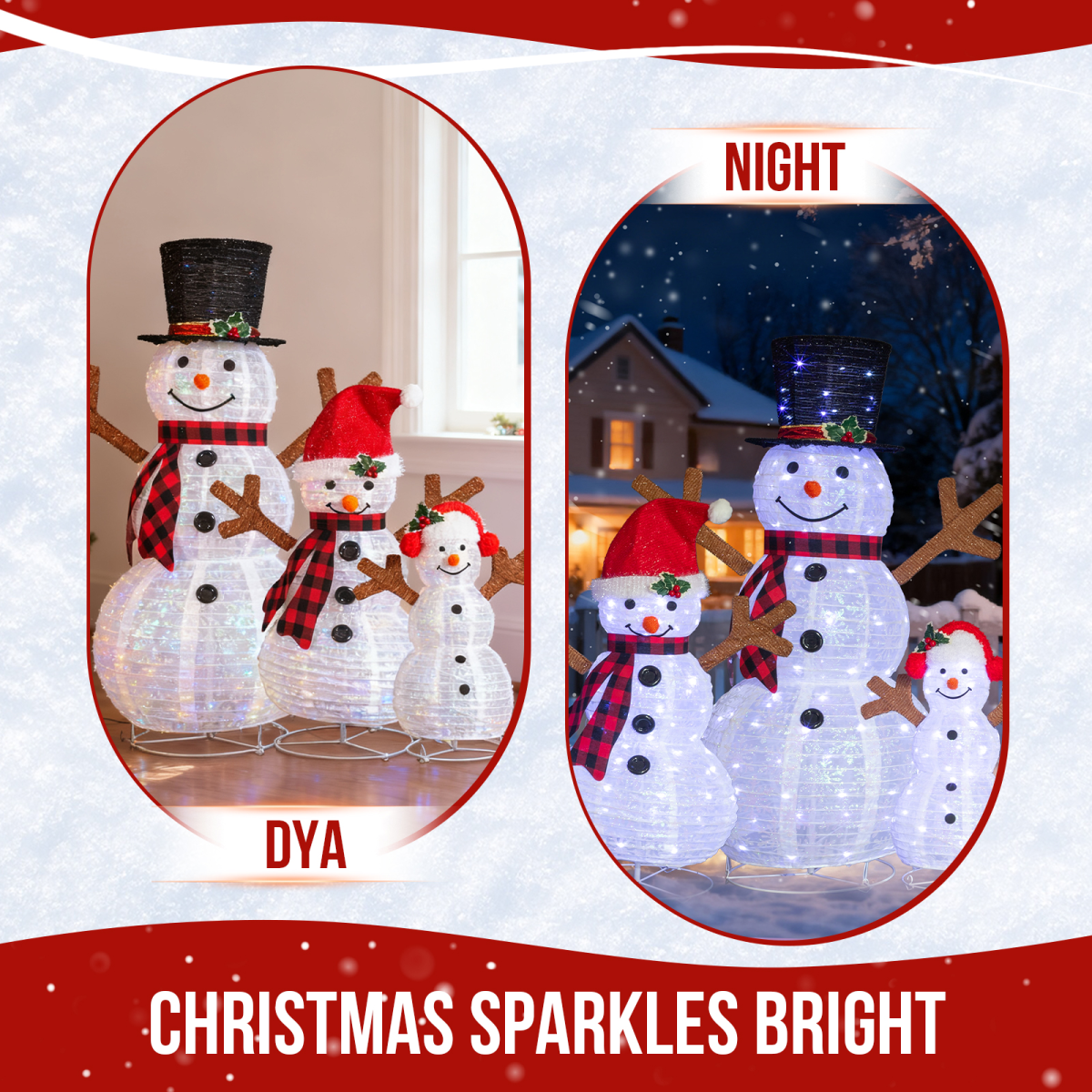 Set of 3 Lighted Snowman Family Christmas Yard Decorations, 60cm 90cm 120cm Pre-lit Pull Up Snowman with 270 White LEDs, for Xmas Outdoor Holiday Indoor Decor Lighted Holiday Displays