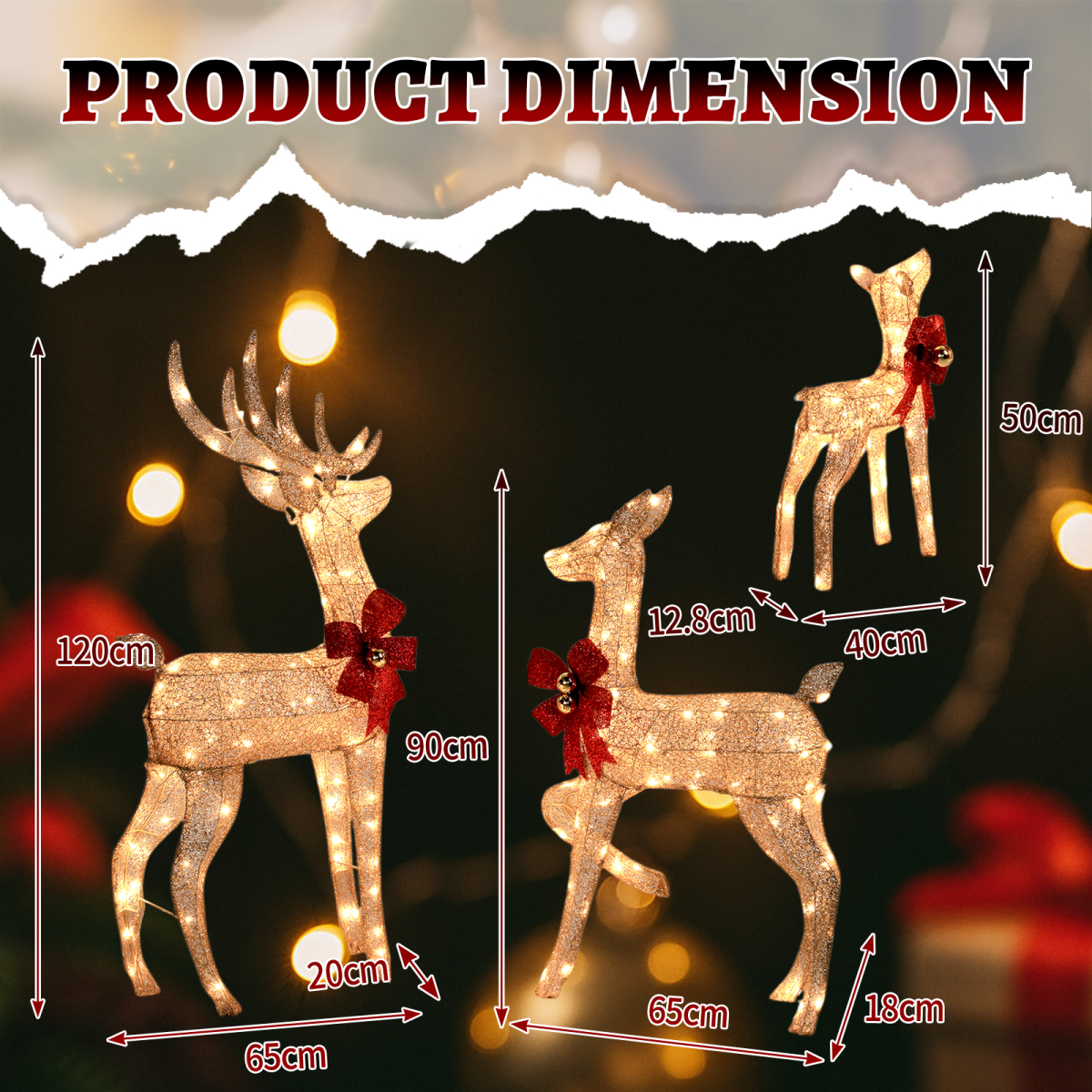 3-Piece Lighted Christmas Reindeer Family Set Outdoor Decorations, Weather Proof Sparkling Deer Family Set of 3 Christmas Ornament Home Decor Pre-lit 210 LED Warm White Lights, 4FT, Golden
