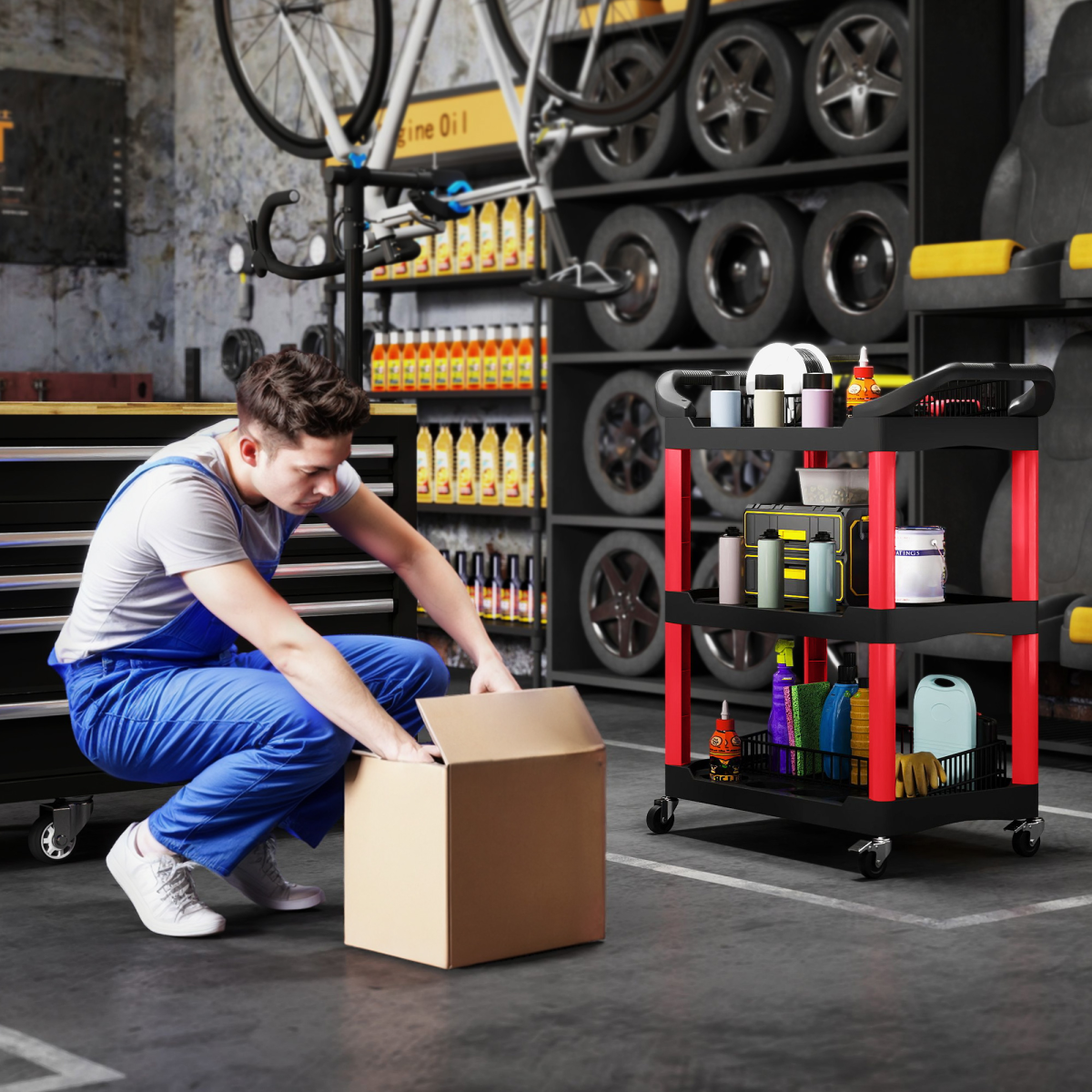 HOMCOM 3-Tier Rolling Tool Cart, Tool Trolley on Wheels for Garage, Black