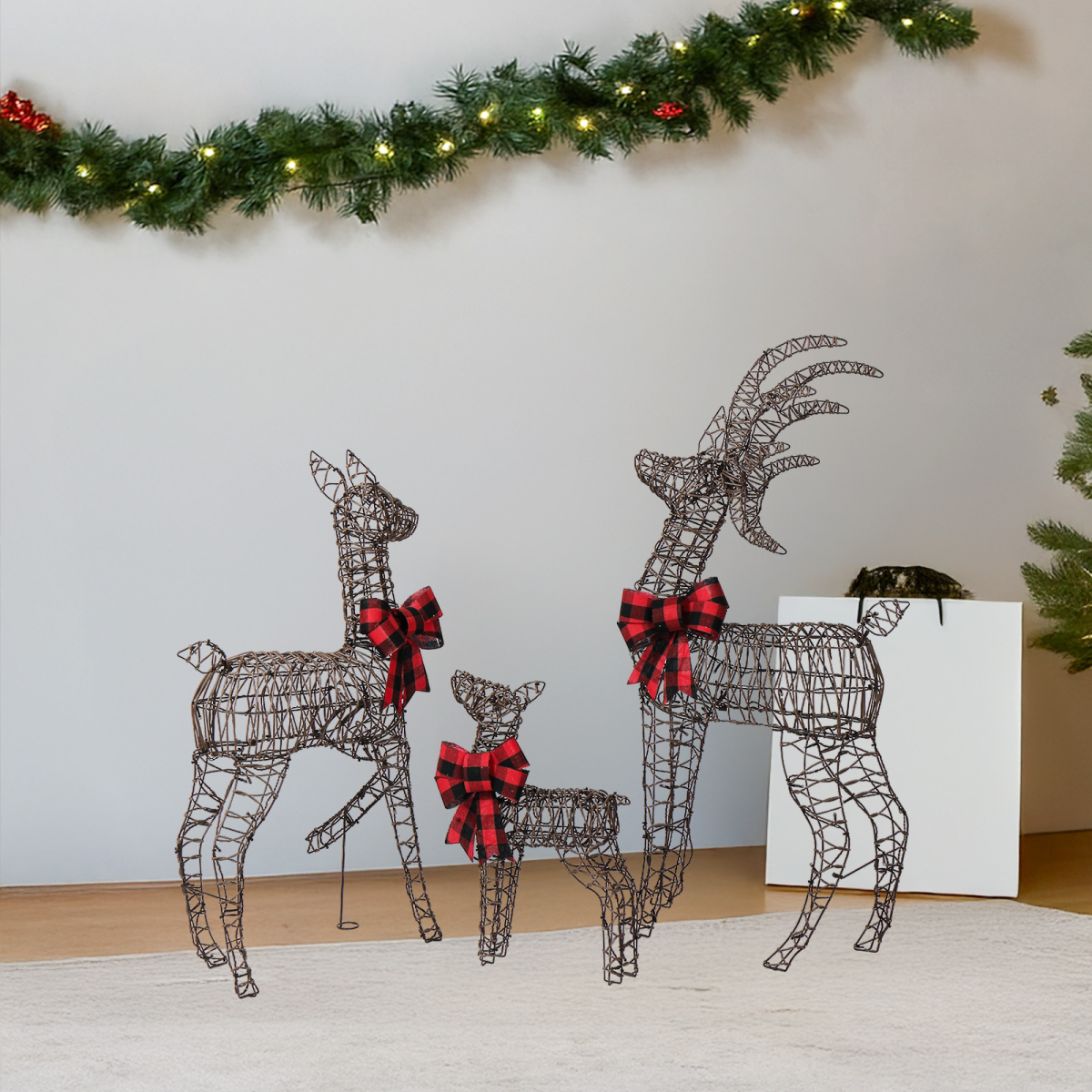 3-Piece Lighted Christmas Reindeer Family Set Outdoor Decorations, Weather Proof Rattan Deer Family Set of 3 Christmas Ornament Home Decor Pre-lit 210 LED Warm White Lights, 4FT, Brown