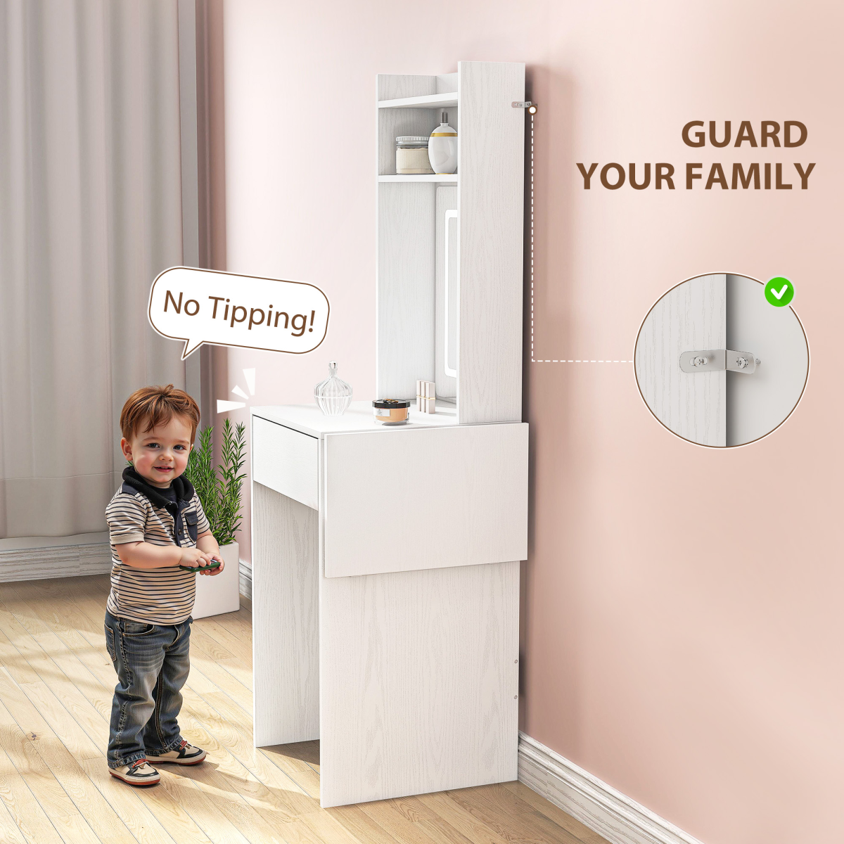 HOMCOM Compact Dressing Table with Lighted Mirror Open Shelves Drawer White