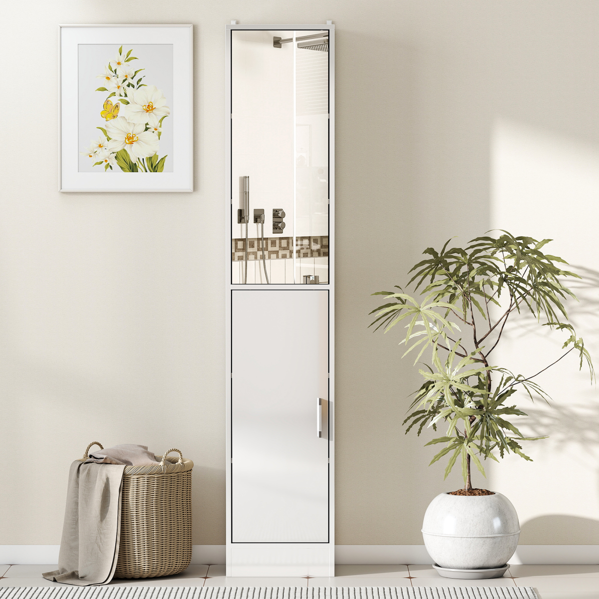 kleankin Tall Bathroom Cabinet with Mirror, High Gloss White