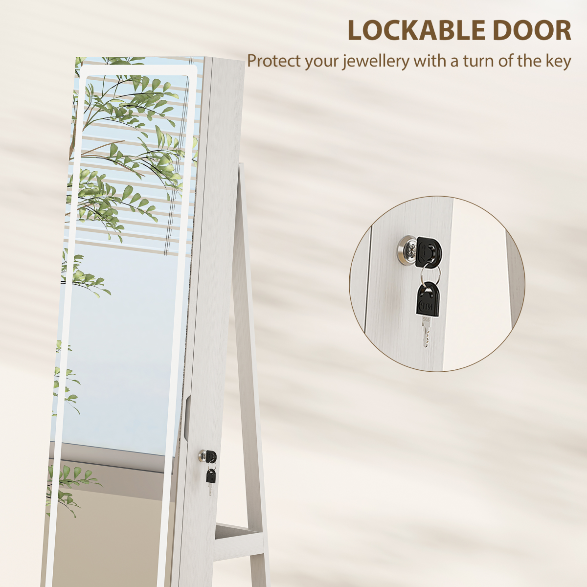 HOMCOM 360° Swivel Jewellery Cabinet, Full Length Mirror with Storage, White