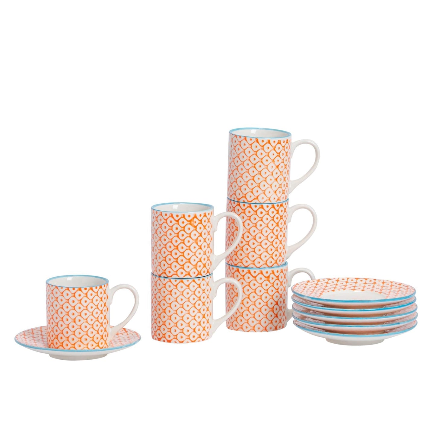 12pc 65ml Hand-Printed Stoneware Orange Espresso Cup & Saucer Set
