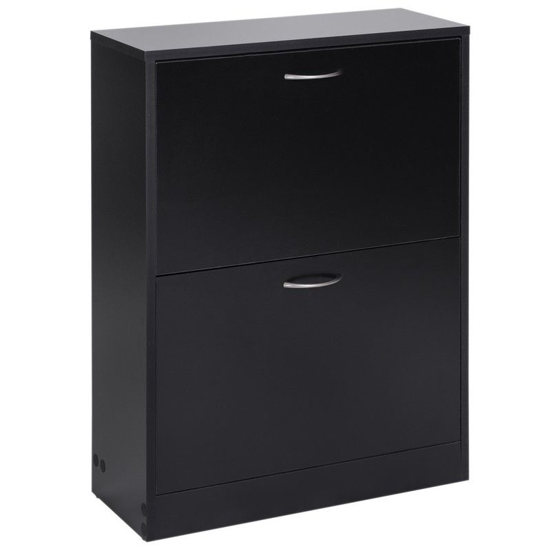 Shoe Cabinet Storage Cupboard 2-Tier Wood Tipping Bucket Modern Hall Organizer With Drawer Adjustable Shelf Large-Capacity Black