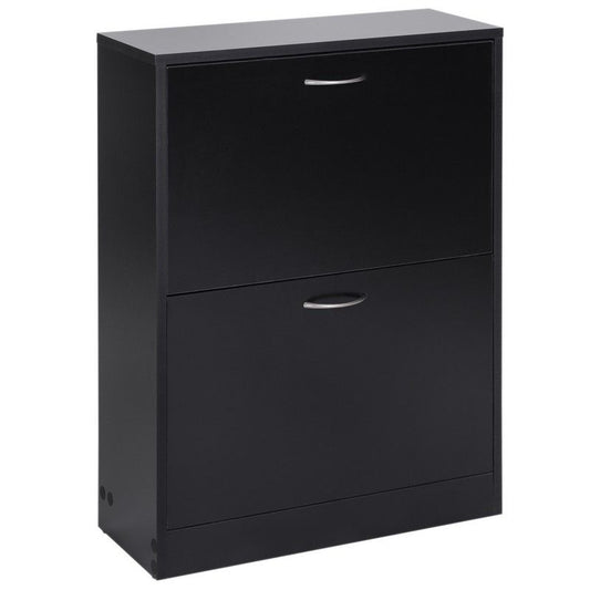 Shoe Cabinet Storage Cupboard 2-Tier Wood Tipping Bucket Modern Hall Organizer With Drawer Adjustable Shelf Large-Capacity Black
