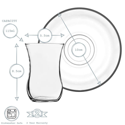 115ml Klasik Glass Turkish Tea Cups & Saucers - 6 Sets