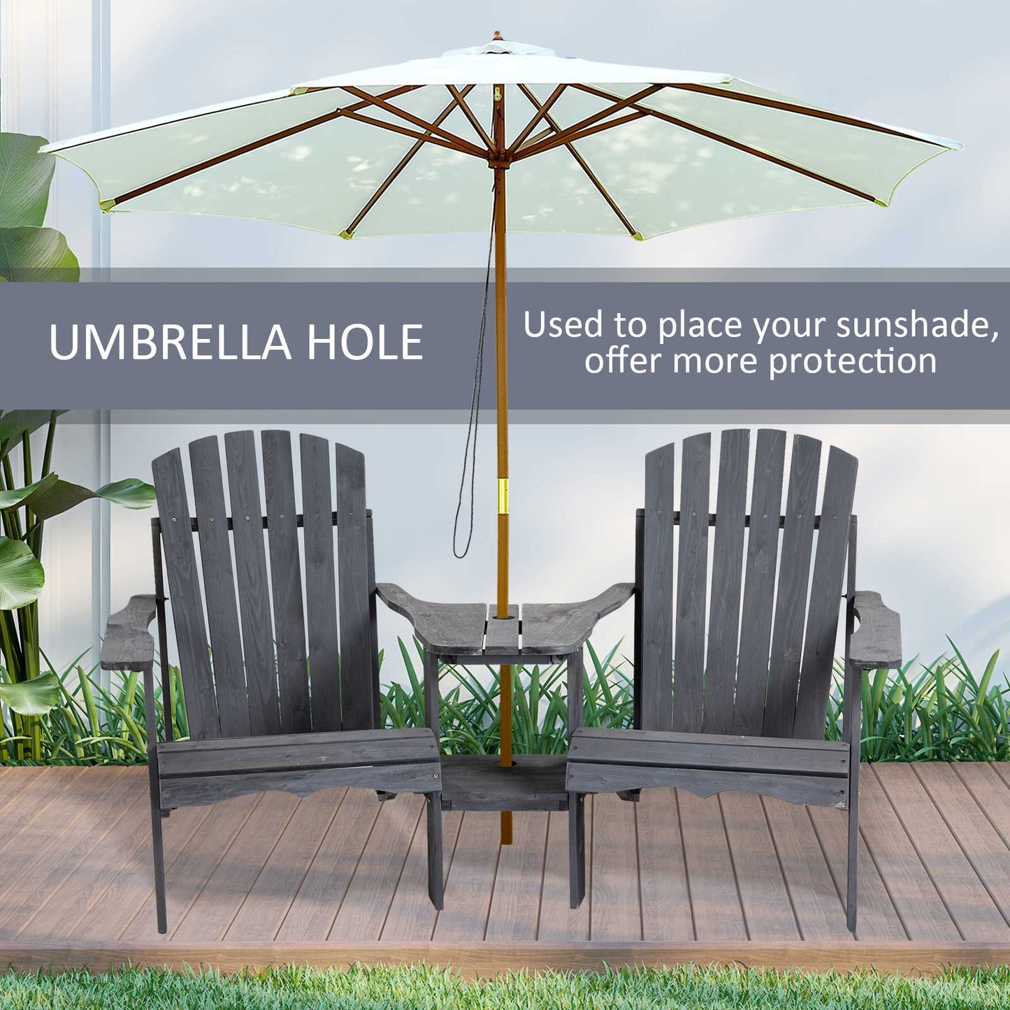 Wooden Outdoor Double Adirondack Chairs Loveseat w/ Centre Table and Umbrella Hole
