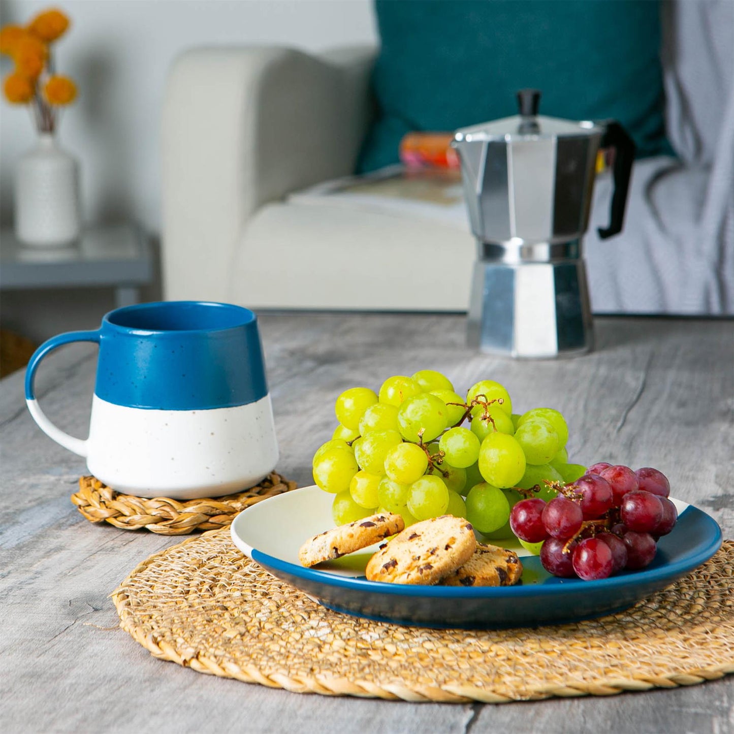 370ml Blue Colour Block Flecked Stoneware Belly Mugs - Pack of Four
