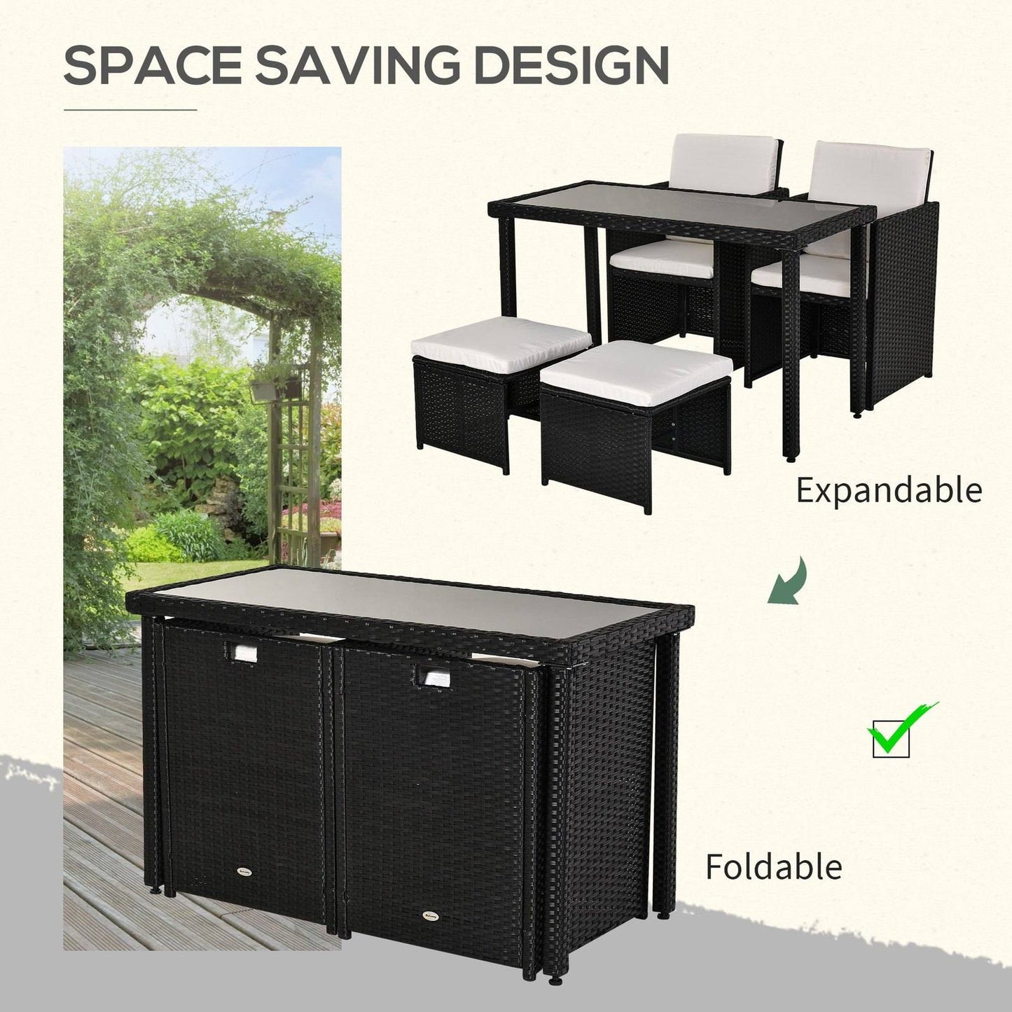 Outsunny 5 Pcs Rattan Garden Furniture Space-Saving Wicker Weave Sofa Set Conservatory Dining Table  Chair Footrest Cushioned Black