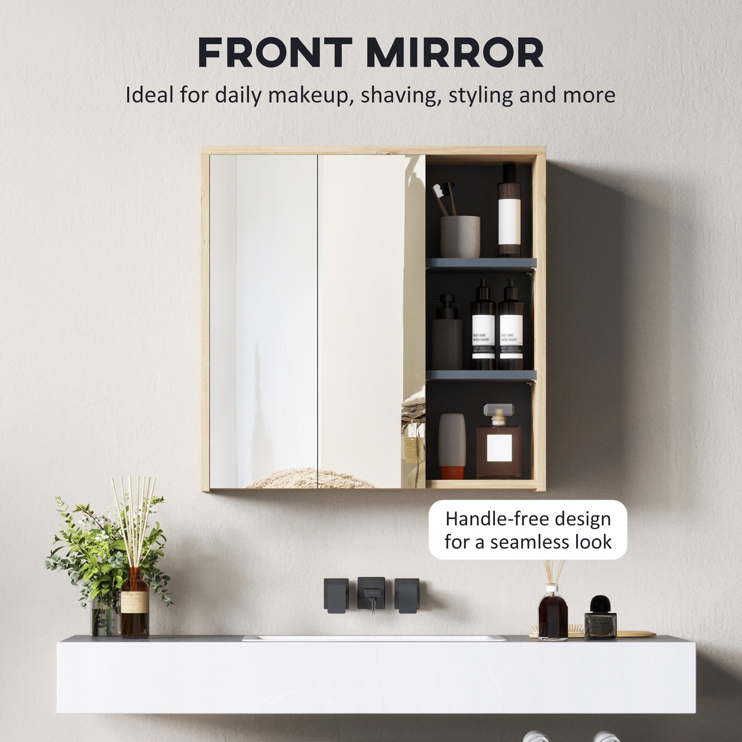 HOMCOM Bathroom Cabinet Wall Mounted Mirror Storage with Shelves Natural