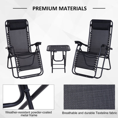 3-Piece Folding Zero Gravity Chairs Sun Lounger Table Set w/ Cup Holders Reclining Garden Yard Pool