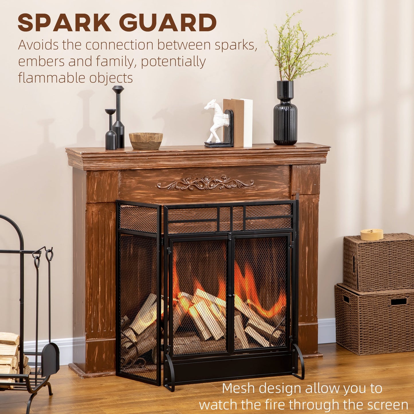 Homcom 3-Panel Metal Mesh Folding Fireplace Screen With Door Freestanding Spark Guard