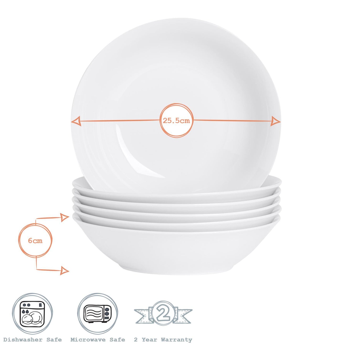 25.5cm White Pasta Bowls - Pack of Six