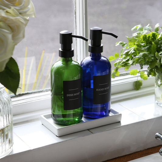 2pc 500ml Blue Glass Soap Dispenser with Black Labels & Ceramic Tray