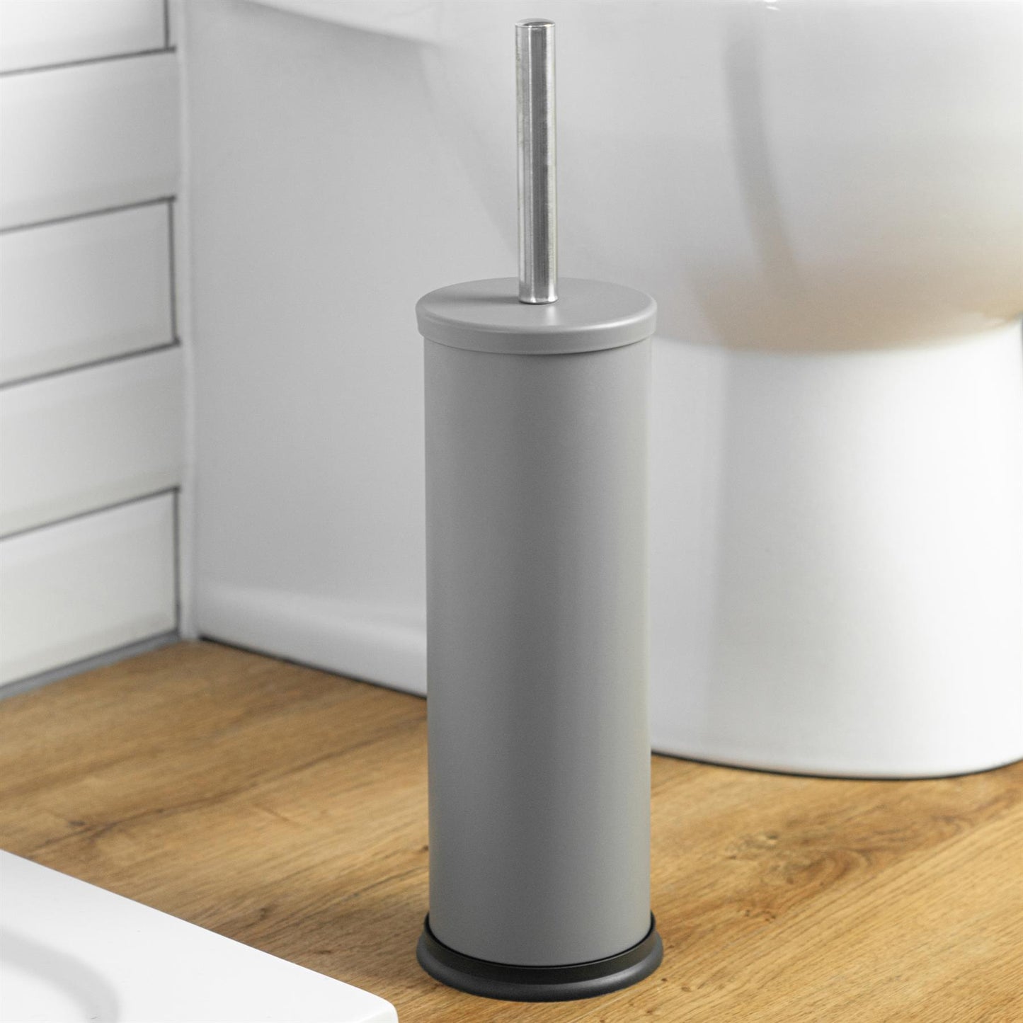 Matt Grey Round Stainless Steel Toilet Brush & Holder