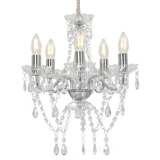 Chandelier with Crystal Beads Silver Round 5 x E14