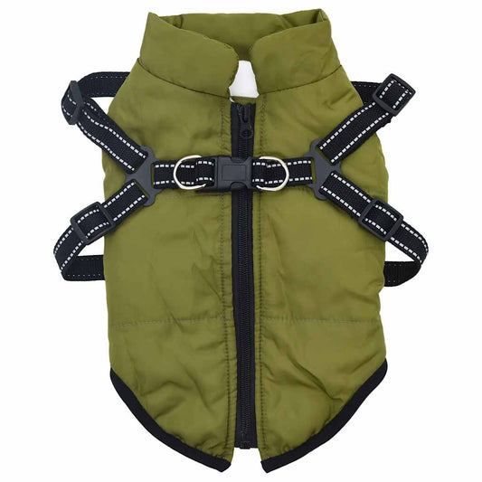 Dog Coat with Harness Waterproof Reflective Army Green S