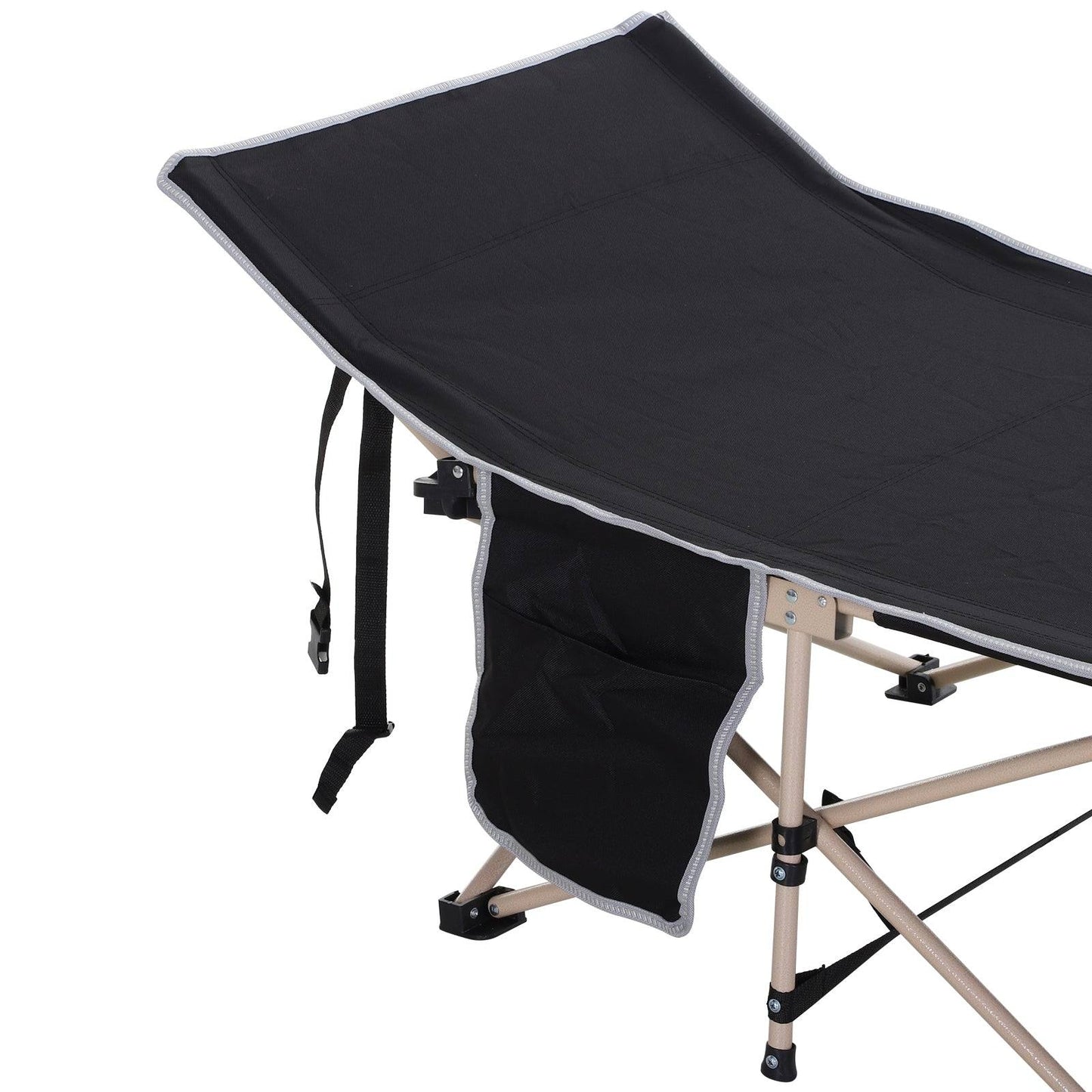 Single Person Camping Bed Folding Cot Outdoor Patio Portable Military Sleeping Bed Travel Guest Leisure Fishing With Side Pocket And Carry Bag - Black