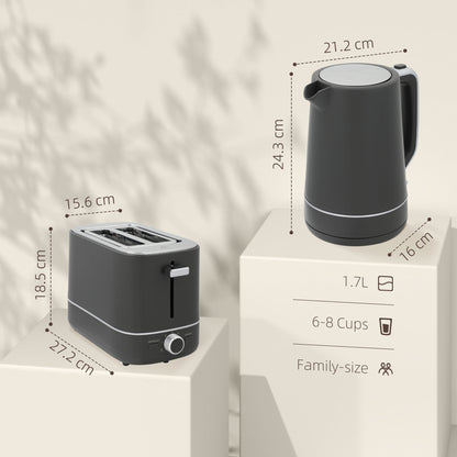 HOMCOM 1.7L 3000W Fast Boil Electric Kettle and 2 Slice Toaster Set, Grey