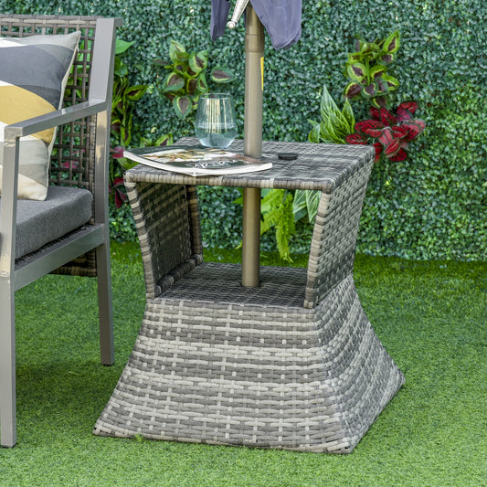 Outdoor Patio Rattan Wicker Coffee Table Bistro Side Table w/ Umbrella Hole and Storage Space
