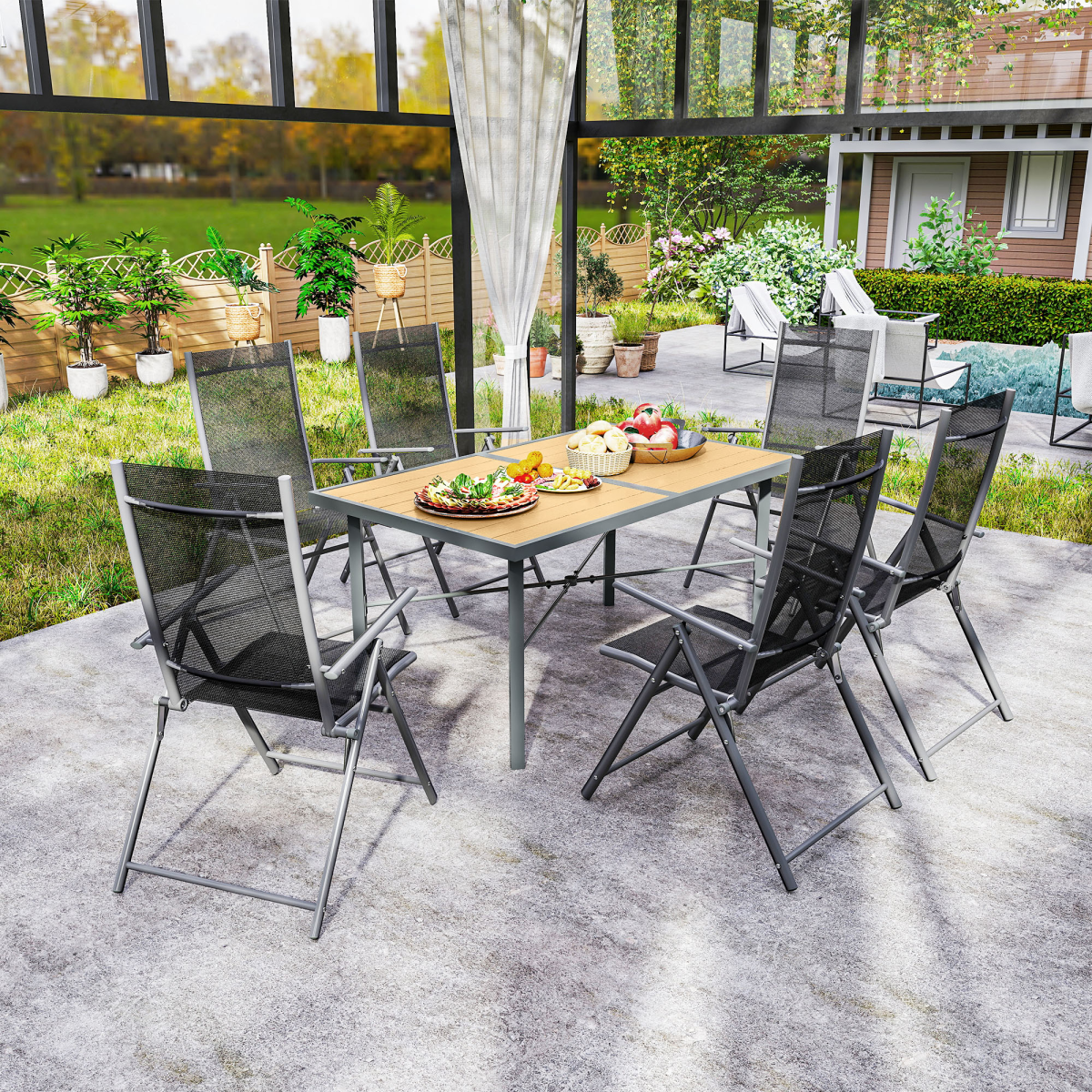 Outsunny Garden Table for 6, Outdoor Dining Table with 5cm Umbrella Hole