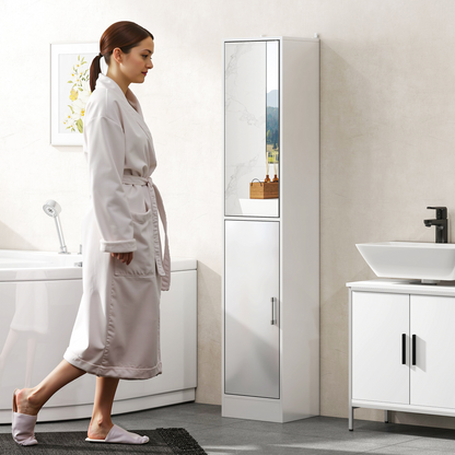 kleankin Tall Bathroom Cabinet with Mirror, High Gloss White