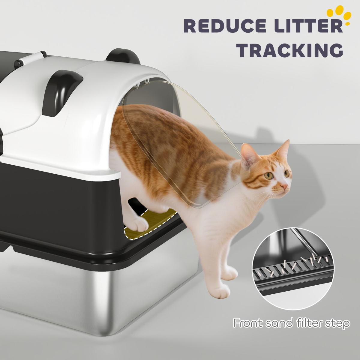 PawHut XL Stainless Steel Litter Box Tray with Lid, Panda Style