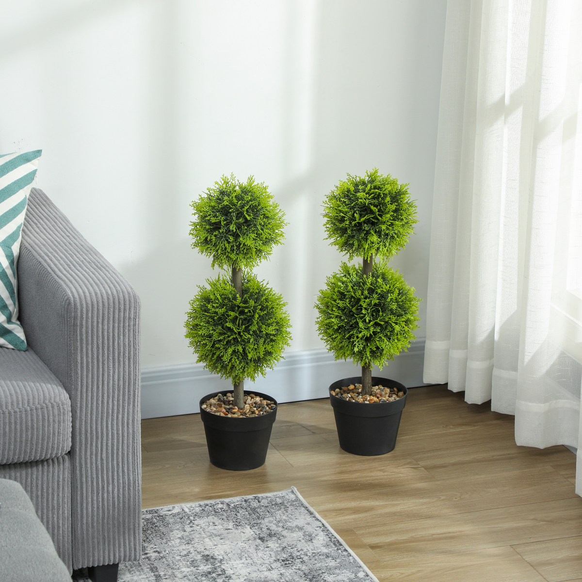 HOMCOM Set of 2 Artificial Topiary Cypress Ball Trees with Pot and Pebbles