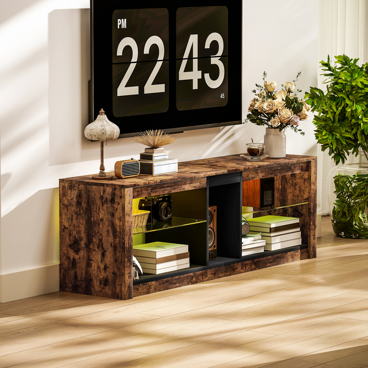 HOMCOM TV Stand, Entertainment Centre with LED Lights, Rustic Brown