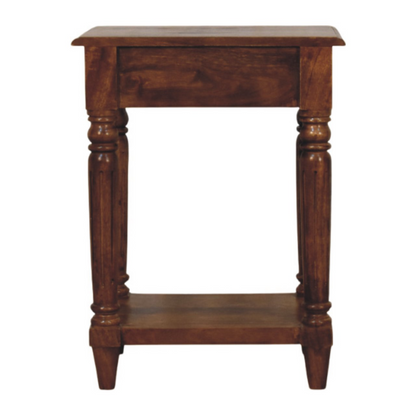 Artisan Furniture Solid Wood Turned Legs Chestnut Side Table, 1 Drawer and 1 Lower Shelf, Dark Brown