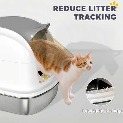 PawHut Stainless Steel Cat Litter Tray with Lid
