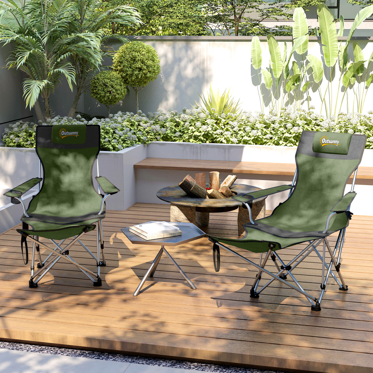 Outsunny Set of 2 Reclining Camping Chairs, Olive Green and Grey