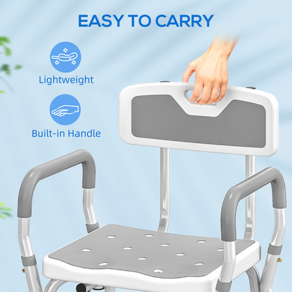 HOMCOM Padded Shower Stool with Arms and Back, 4 Suction Foot Pads, Grey